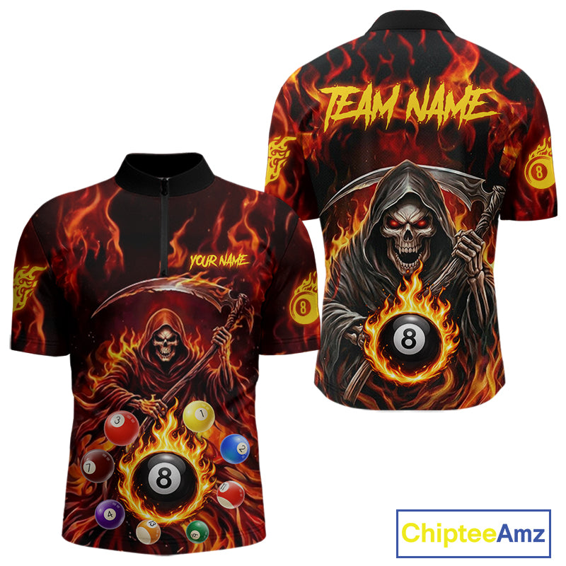 Grim Reaper 8 Ball Billiard Shirt For Men Custom Red Flames 8 Ball Pool Billiard Team Attire NYN3146