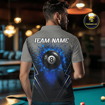 Personalized Grey And Blue Splatter 8 Ball Pool Billiard Shirt For Men Custom Billiard Team Jersey NYN3147