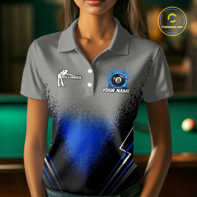 Personalized Grey And Blue Splatter 8 Ball Pool Billiard Shirt For Women Custom Billiard Team Jersey NYN3147
