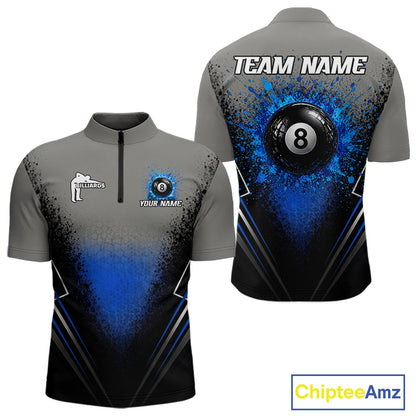 Personalized Grey And Blue Splatter 8 Ball Pool Billiard Shirt For Men Custom Billiard Team Jersey NYN3147