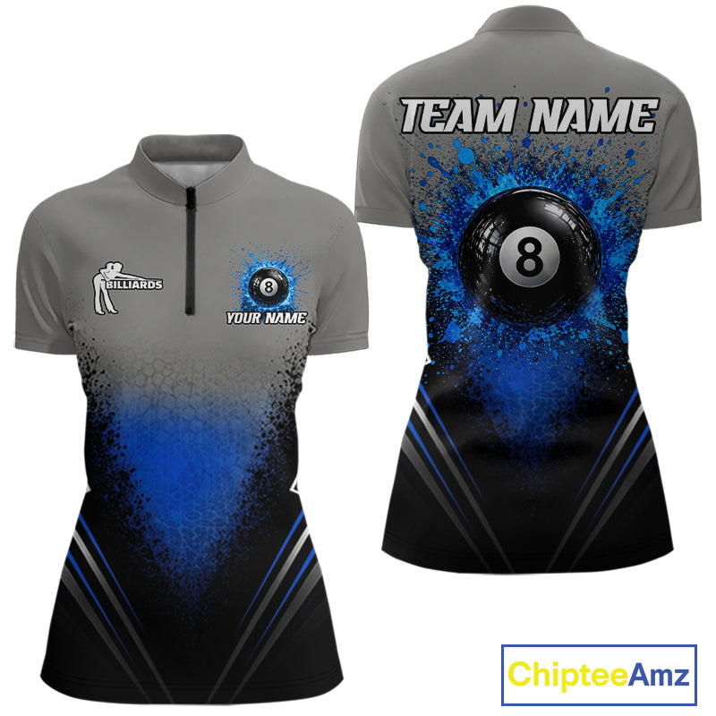 Personalized Grey And Blue Splatter 8 Ball Pool Billiard Shirt For Women Custom Billiard Team Jersey NYN3147