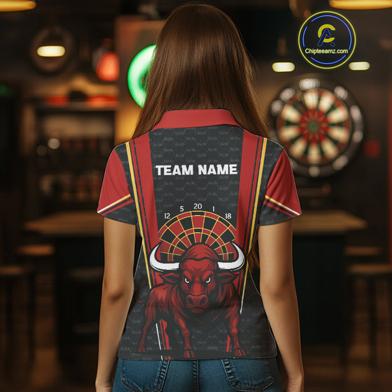 Red Powerful Bull Darts Dartboard Shirt For Women - Custom Team & Player Name NYN0359