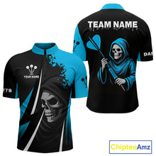 Load image into Gallery viewer, Blue Grim Reaper Holding Dart Arrow Darts Shirt For Men Custom Team Name NYN0367