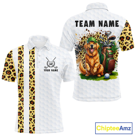 Golden retriever golf shirt with yellow leopard splatter funny golf polo for men