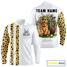 Load image into Gallery viewer, Golden retriever golf shirt with yellow leopard splatter funny golf polo long sleeve for men