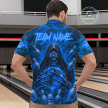 Load image into Gallery viewer, Male bowler wearing Blue Lightning Thunder Skull Reaper bowling jersey personalized custom team uniform league tournament apparel