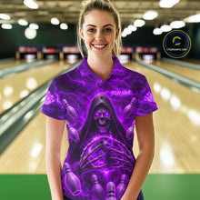Load image into Gallery viewer, Female bowler wearing Purple Lightning Thunder Skull Reaper bowling jersey custom bowling league apparel personalized team uniform