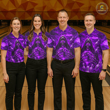 Load image into Gallery viewer, Men women bowling team wearing Purple Lightning Thunder Skull Reaper bowling jerseys matching bowling tournament uniforms