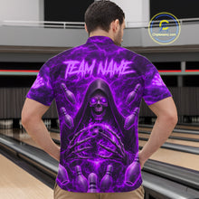 Load image into Gallery viewer, Male bowler wearing Purple Lightning Thunder Skull Reaper bowling jersey custom bowling league apparel