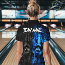 Load image into Gallery viewer, Female bowler wearing Blue And Black Camouflage Skull bowling jersey personalized bowling team uniform