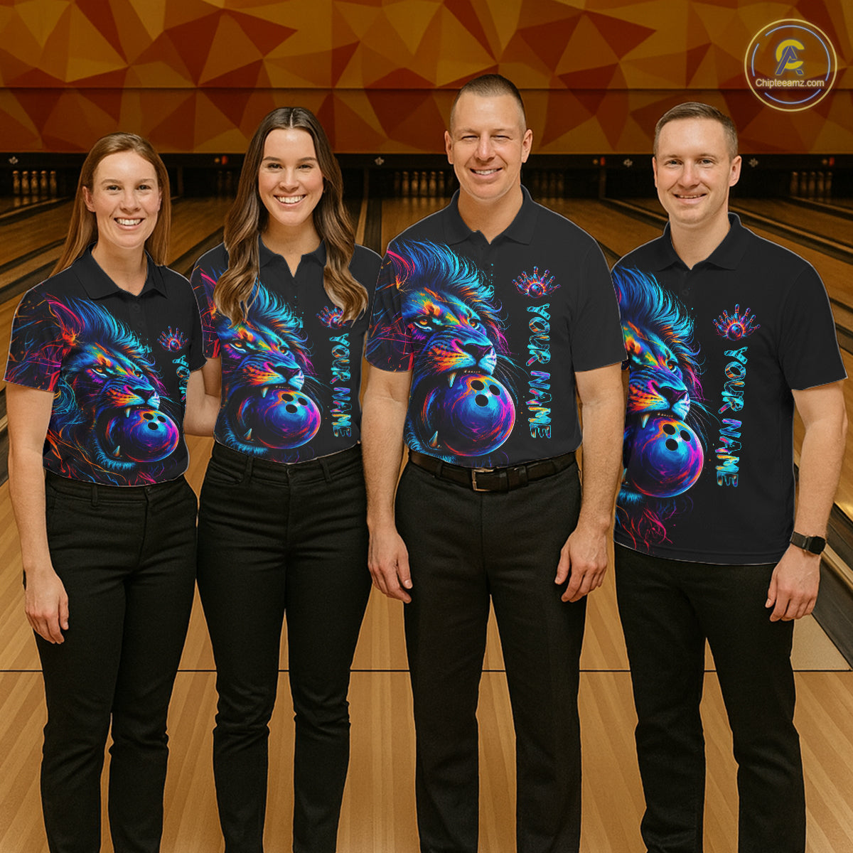 Load image into Gallery viewer, Men women bowling team wearing Funny Lion Colorful Splatter bowling jerseys matching bowling league uniforms