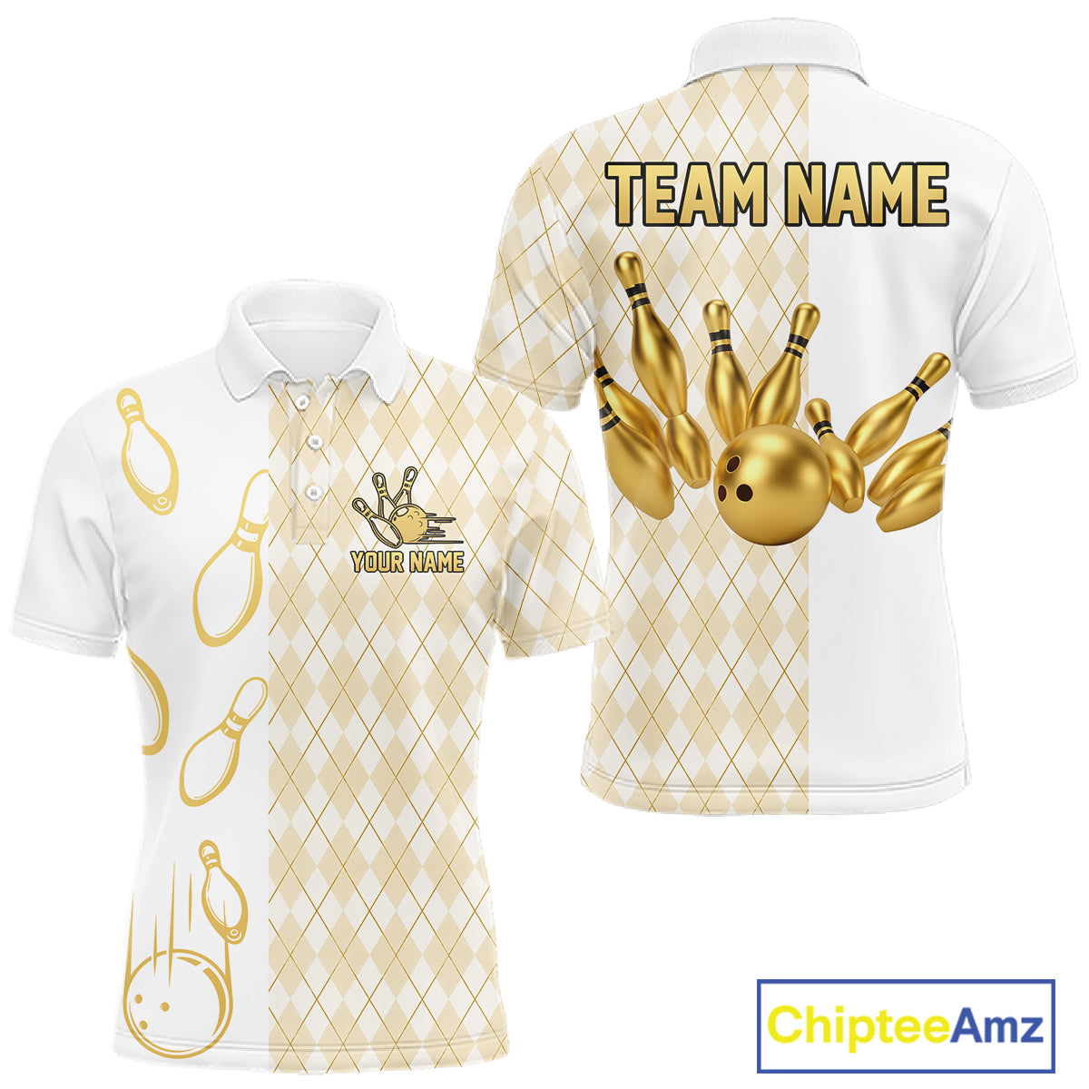 Gold And White Argyle Pattern Bowling Polo 1/4 Zip Shirt For Men Custom Retro Bowling Team Jersey NYN4232