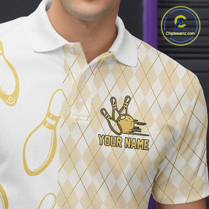 Gold And White Argyle Pattern Bowling Polo 1/4 Zip Shirt For Men Custom Retro Bowling Team Jersey NYN4232