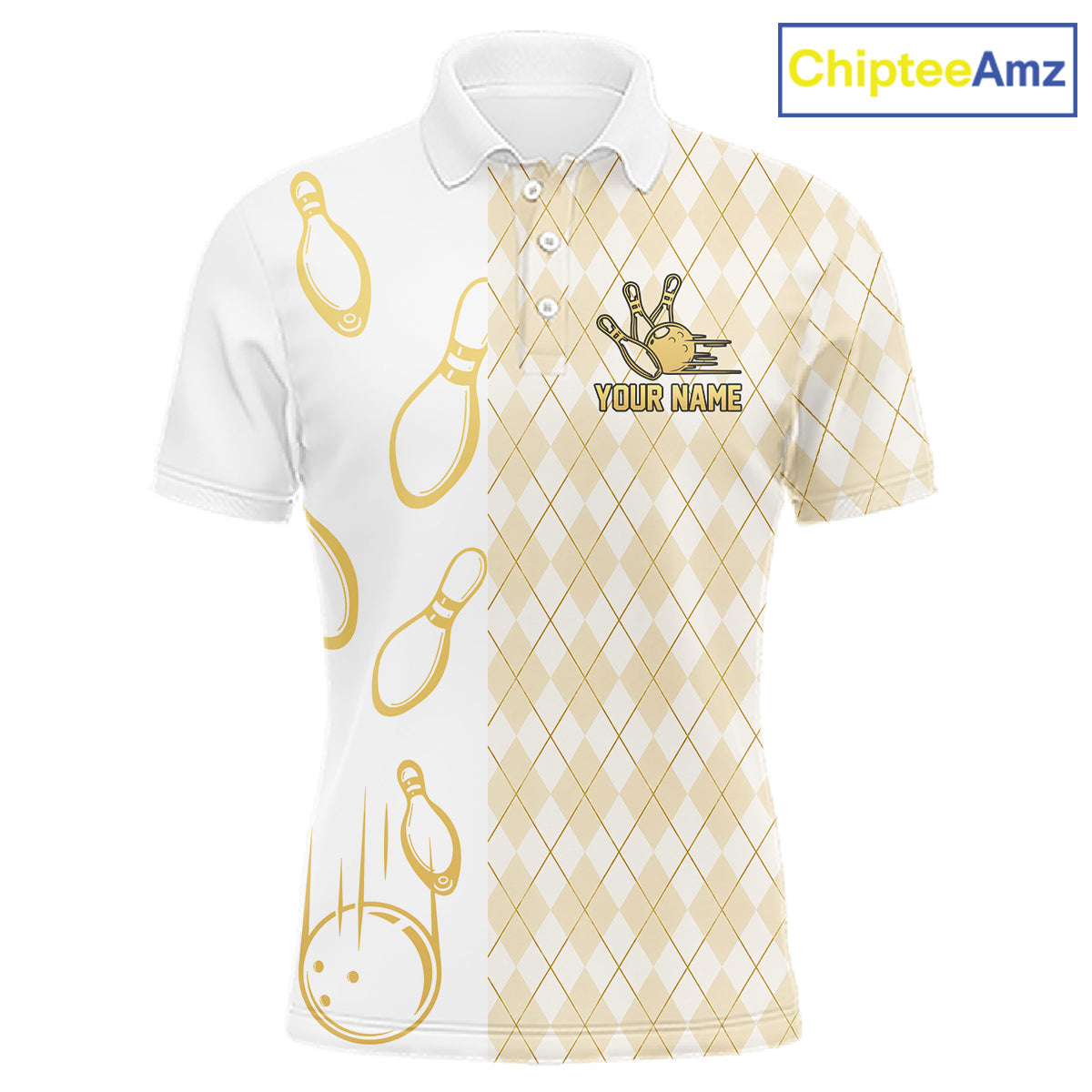 Gold And White Argyle Pattern Bowling Polo 1/4 Zip Shirt For Men Custom Retro Bowling Team Jersey NYN4232