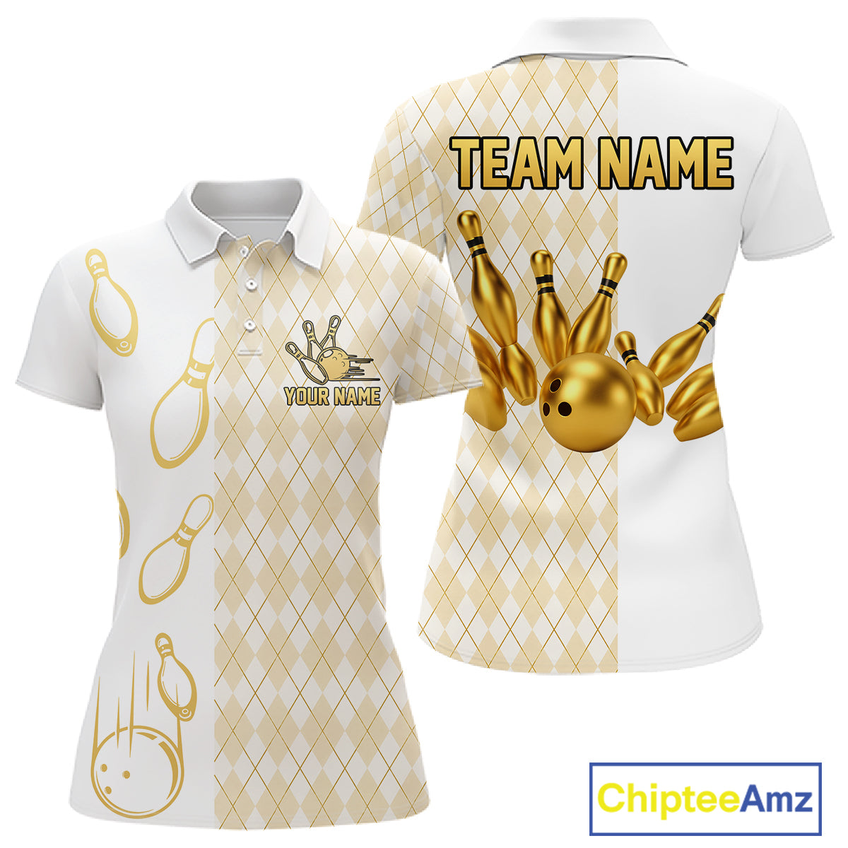 Gold And White Argyle Pattern Bowling Polo 1/4 Zip Shirt For Women Custom Retro Bowling Team Jersey NYN4232