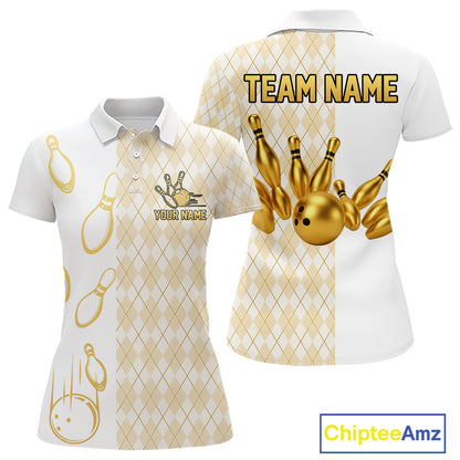 Gold And White Argyle Pattern Bowling Polo 1/4 Zip Shirt For Women Custom Retro Bowling Team Jersey NYN4232