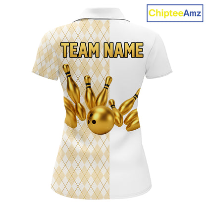 Gold And White Argyle Pattern Bowling Polo 1/4 Zip Shirt For Women Custom Retro Bowling Team Jersey NYN4232