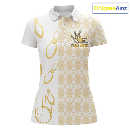Gold And White Argyle Pattern Bowling Polo 1/4 Zip Shirt For Women Custom Retro Bowling Team Jersey NYN4232