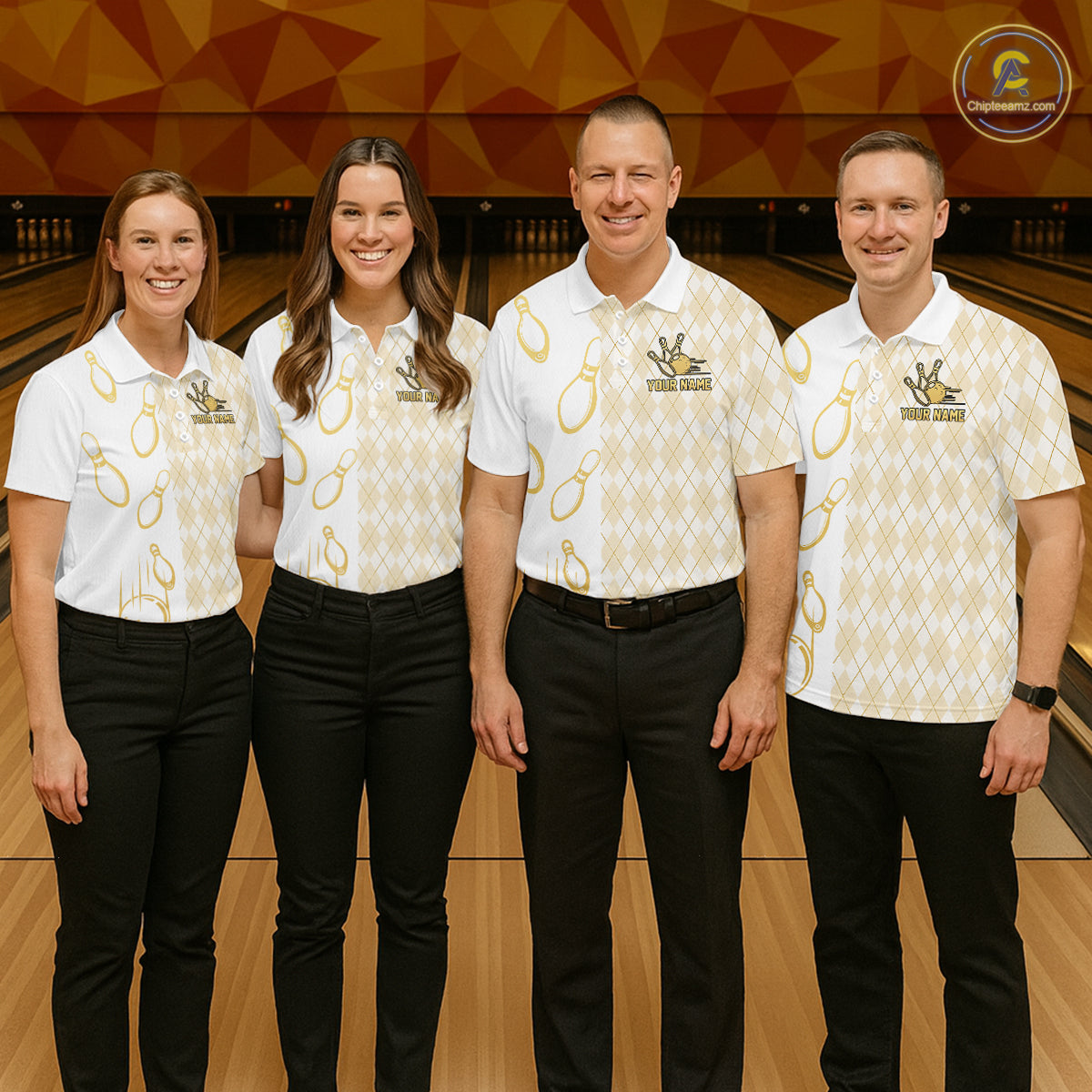 Gold And White Argyle Pattern Bowling Polo 1/4 Zip Shirt For Men Custom Retro Bowling Team Jersey NYN4232