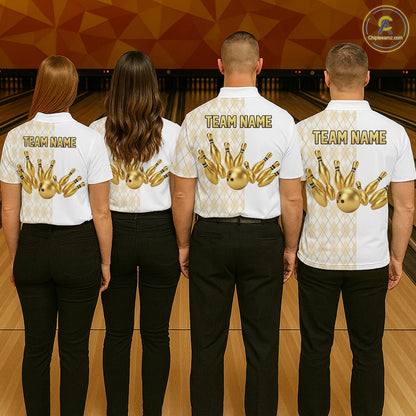Gold And White Argyle Pattern Bowling Polo 1/4 Zip Shirt For Men Custom Retro Bowling Team Jersey NYN4232