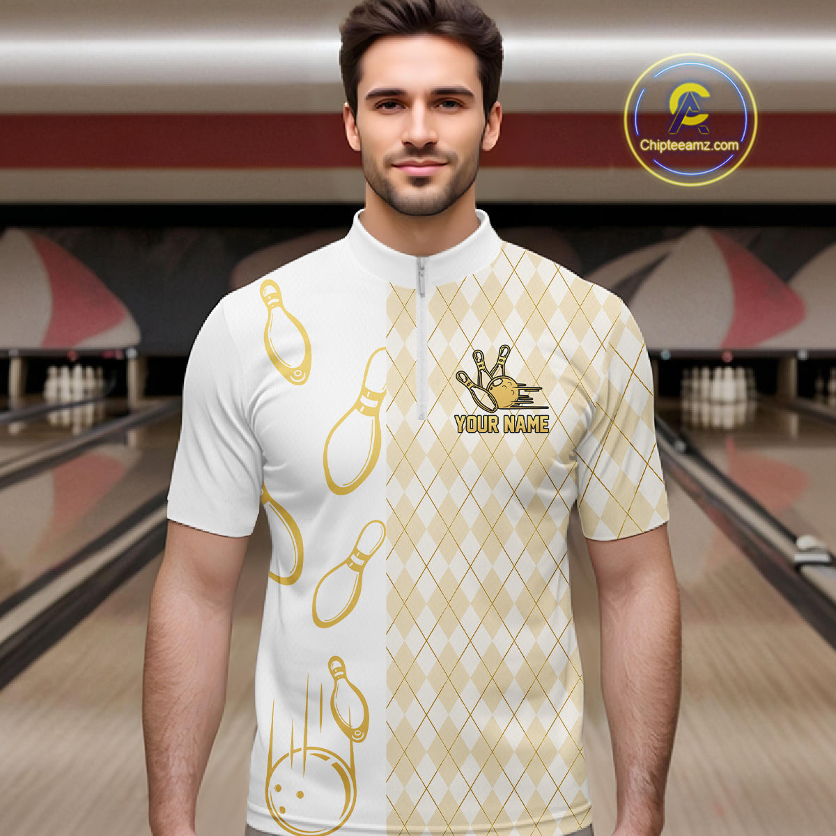 Gold And White Argyle Pattern Bowling Polo 1/4 Zip Shirt For Men Custom Retro Bowling Team Jersey NYN4232