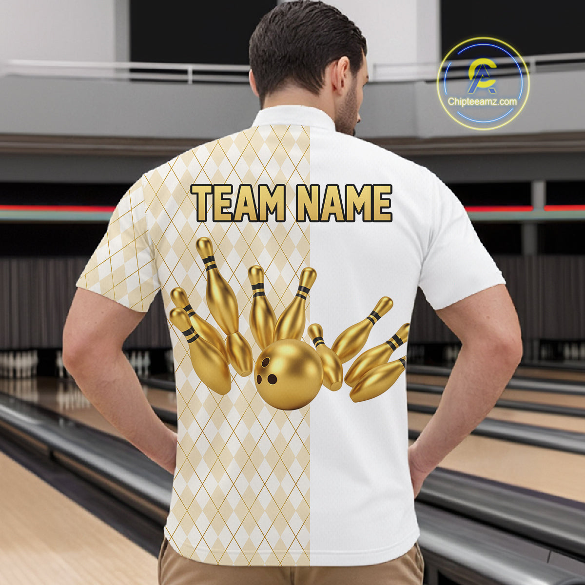 Gold And White Argyle Pattern Bowling Polo 1/4 Zip Shirt For Men Custom Retro Bowling Team Jersey NYN4232