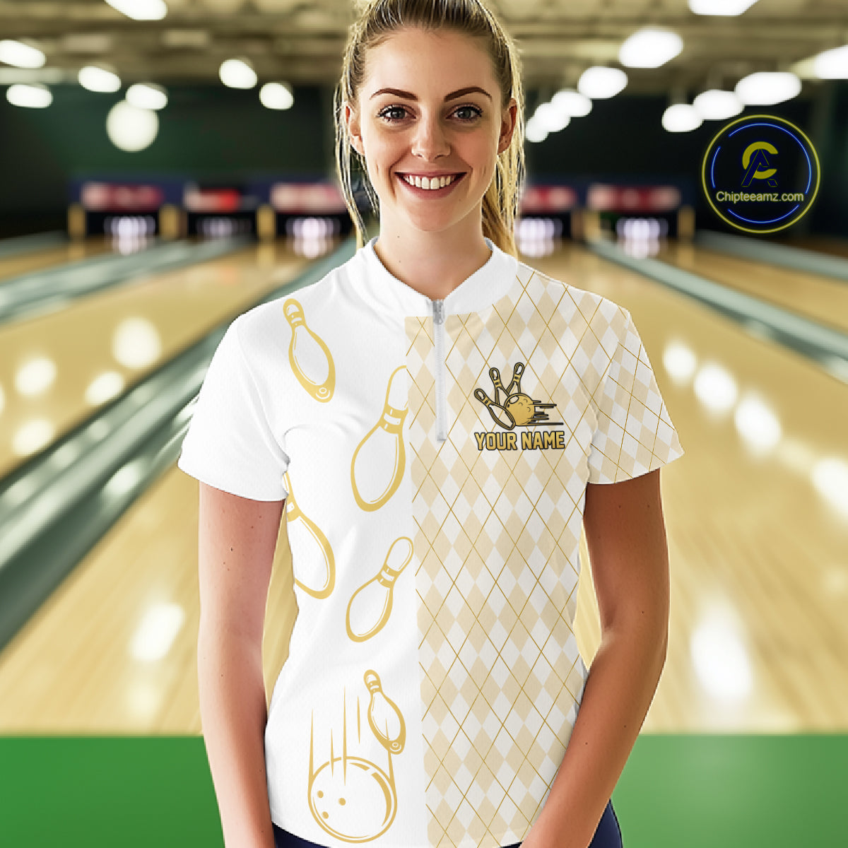 Gold And White Argyle Pattern Bowling Polo 1/4 Zip Shirt For Women Custom Retro Bowling Team Jersey NYN4232