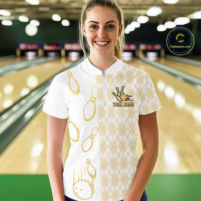 Gold And White Argyle Pattern Bowling Polo 1/4 Zip Shirt For Women Custom Retro Bowling Team Jersey NYN4232