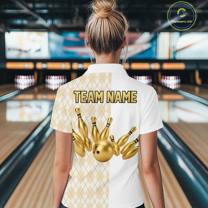 Gold And White Argyle Pattern Bowling Polo 1/4 Zip Shirt For Women Custom Retro Bowling Team Jersey NYN4232