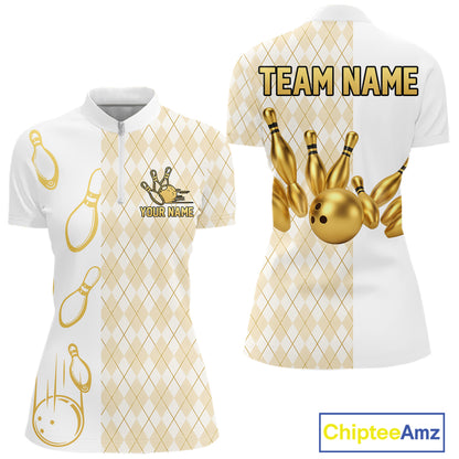 Gold And White Argyle Pattern Bowling Polo 1/4 Zip Shirt For Women Custom Retro Bowling Team Jersey NYN4232
