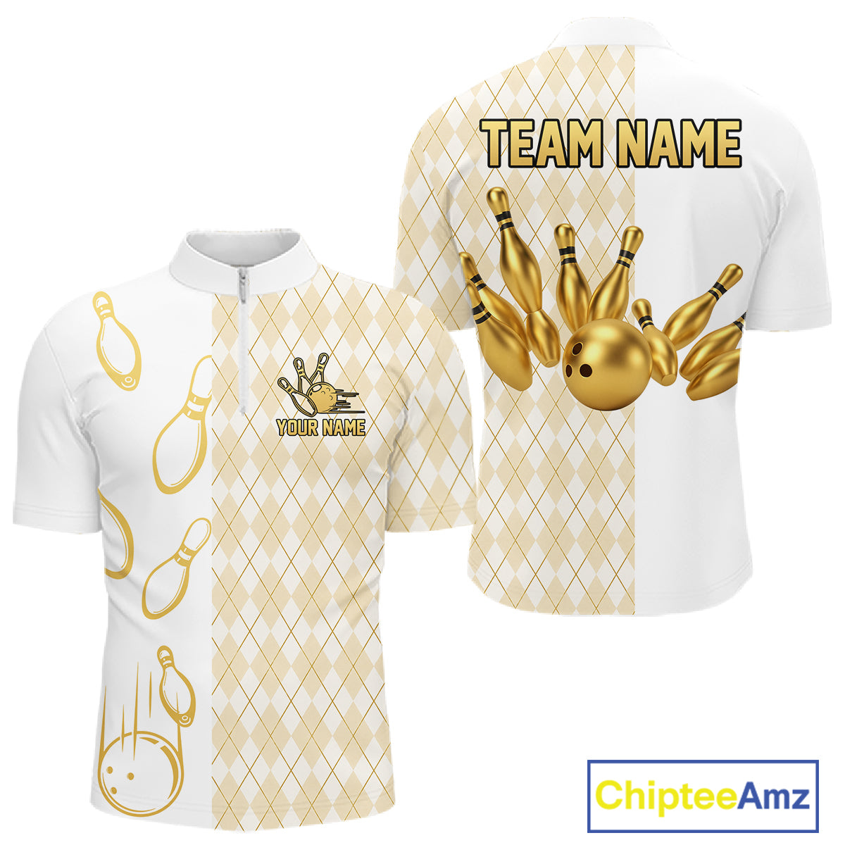 Gold And White Argyle Pattern Bowling Polo 1/4 Zip Shirt For Men Custom Retro Bowling Team Jersey NYN4232