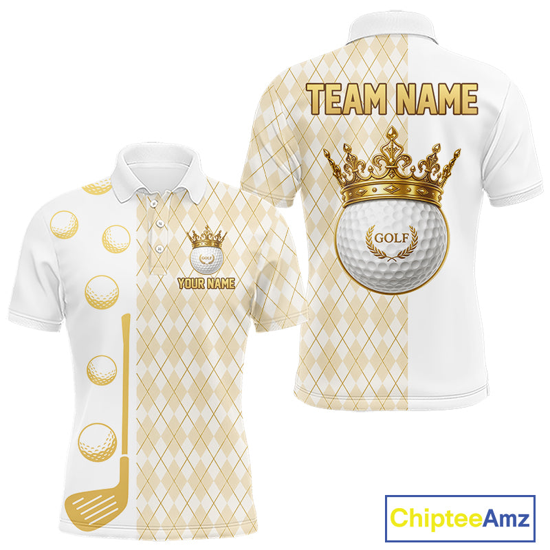 Crown Golf Ball Mens Golf Polo Shirts Custom White And Gold Argyle Pattern Golf Team Attire NYN4233