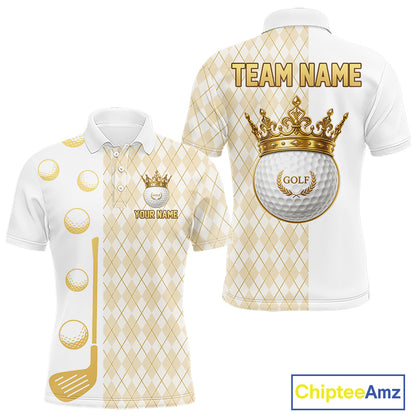 Crown Golf Ball Mens Golf Polo Shirts Custom White And Gold Argyle Pattern Golf Team Attire NYN4233