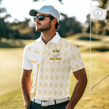 Crown Golf Ball Mens Golf Polo Shirts Custom White And Gold Argyle Pattern Golf Team Attire NYN4233