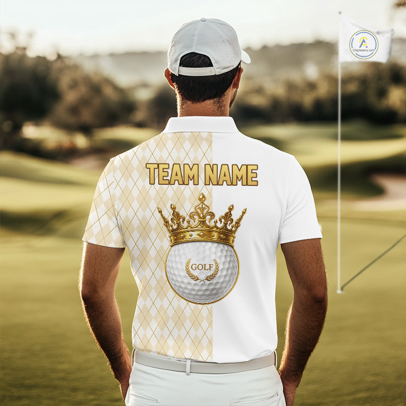 Crown Golf Ball Mens Golf Polo Shirts Custom White And Gold Argyle Pattern Golf Team Attire NYN4233