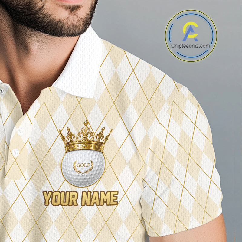 Crown Golf Ball Mens Golf Polo Shirts Custom White And Gold Argyle Pattern Golf Team Attire NYN4233