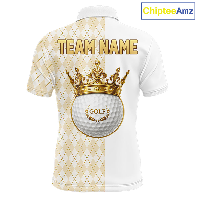 Crown Golf Ball Mens Golf Polo Shirts Custom White And Gold Argyle Pattern Golf Team Attire NYN4233