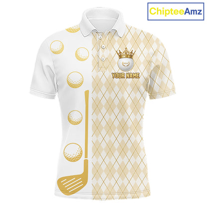 Crown Golf Ball Mens Golf Polo Shirts Custom White And Gold Argyle Pattern Golf Team Attire NYN4233
