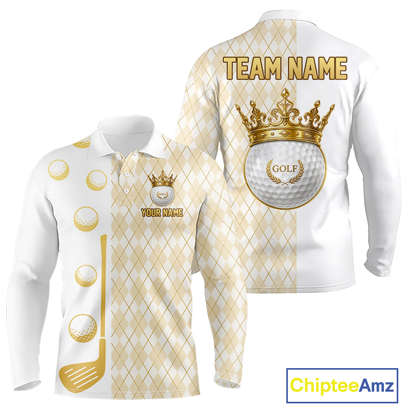 Crown Golf Ball Mens Golf Polo Shirts Custom White And Gold Argyle Pattern Golf Team Attire NYN4233