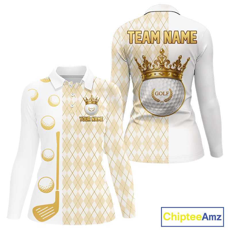 Crown Golf Ball Womens Golf Polo Shirts Custom White And Gold Argyle Pattern Golf Team Attire NYN4233