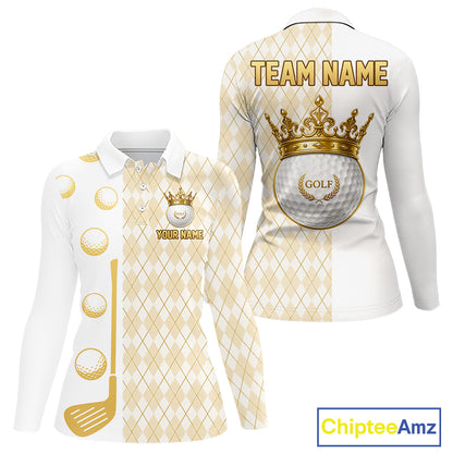 Crown Golf Ball Womens Golf Polo Shirts Custom White And Gold Argyle Pattern Golf Team Attire NYN4233