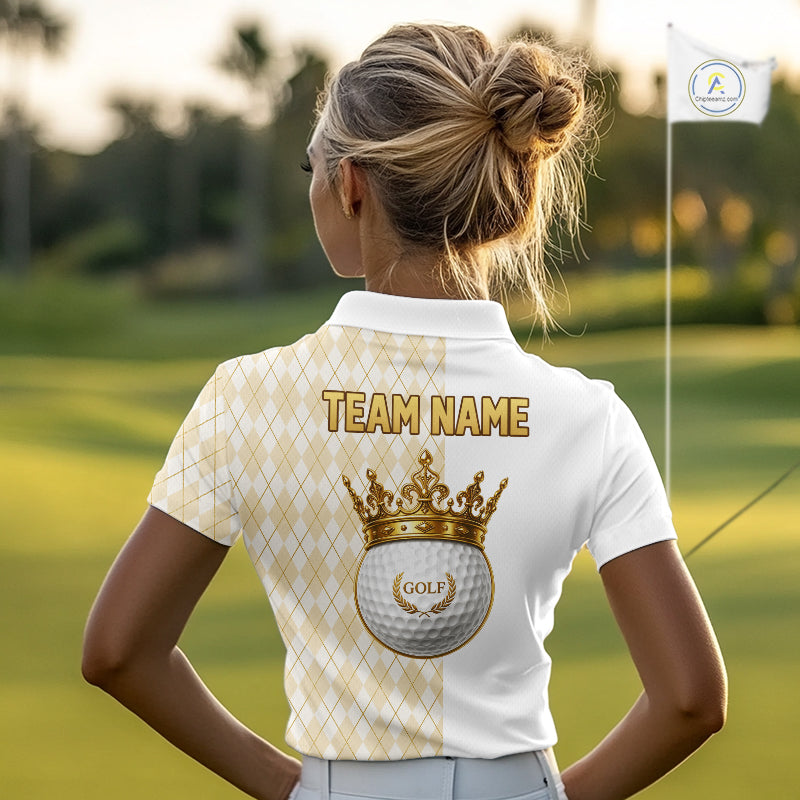 Crown Golf Ball Womens Golf Polo Shirts Custom White And Gold Argyle Pattern Golf Team Attire NYN4233