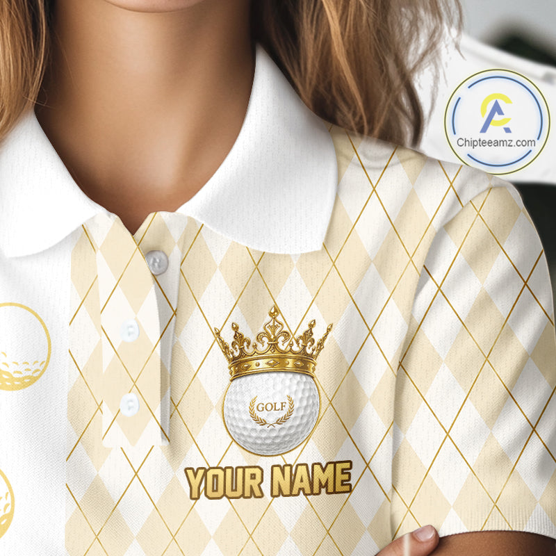 Crown Golf Ball Womens Golf Polo Shirts Custom White And Gold Argyle Pattern Golf Team Attire NYN4233