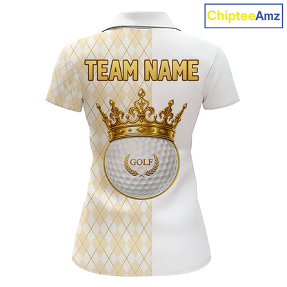 Crown Golf Ball Womens Golf Polo Shirts Custom White And Gold Argyle Pattern Golf Team Attire NYN4233