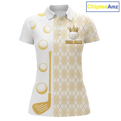 Crown Golf Ball Womens Golf Polo Shirts Custom White And Gold Argyle Pattern Golf Team Attire NYN4233