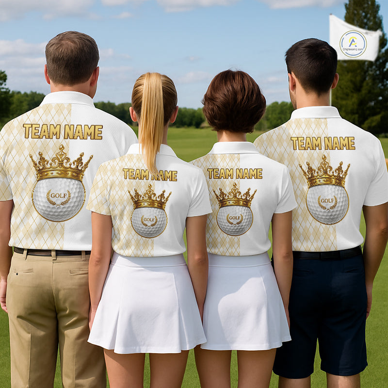 Crown Golf Ball Mens Golf Polo Shirts Custom White And Gold Argyle Pattern Golf Team Attire NYN4233