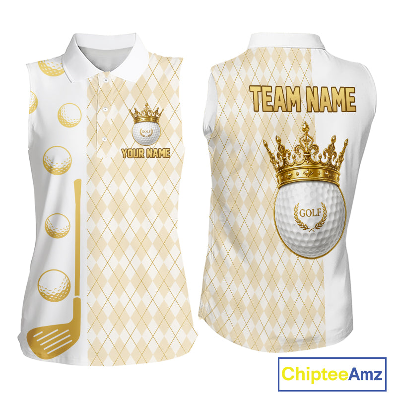 Crown Golf Ball Womens Golf Sleeveless Polo Shirts Custom White And Gold Argyle Pattern Golf Team Attire NYN4233