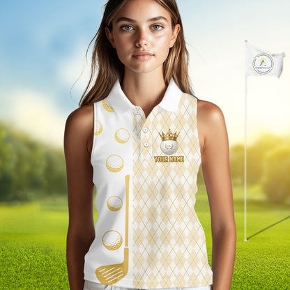 Crown Golf Ball Womens Golf Sleeveless Polo Shirts Custom White And Gold Argyle Pattern Golf Team Attire NYN4233