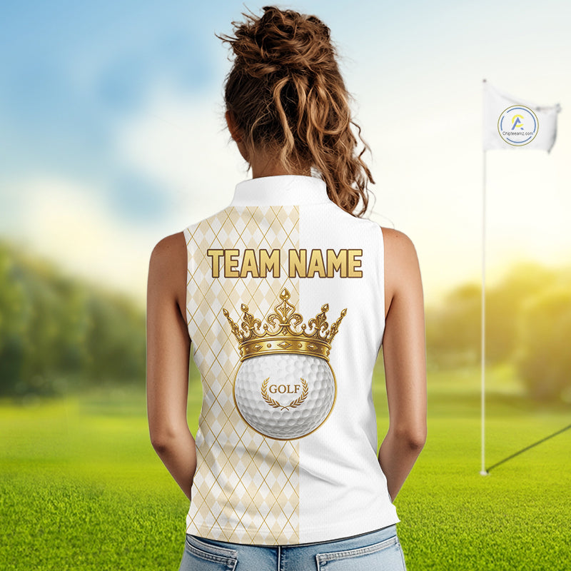 Crown Golf Ball Womens Golf Sleeveless Polo Shirts Custom White And Gold Argyle Pattern Golf Team Attire NYN4233