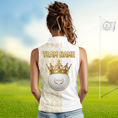Crown Golf Ball Womens Golf Sleeveless Polo Shirts Custom White And Gold Argyle Pattern Golf Team Attire NYN4233
